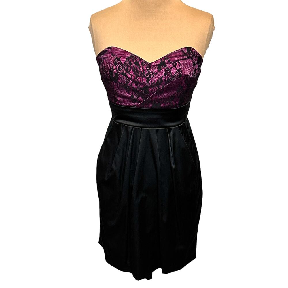 Love Tease Strapless Purple Lace and Black Satin Pockets Mini Dress Size 5